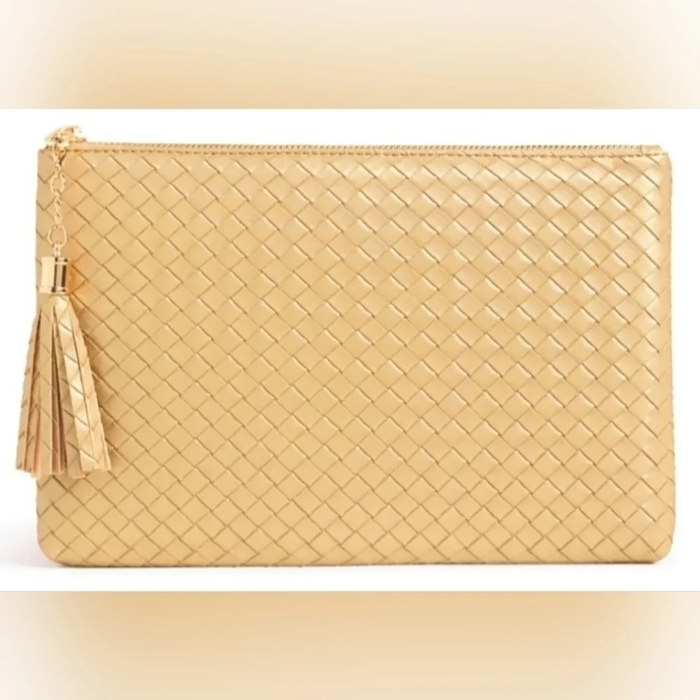 Virginia Wolf Metallic Woven Vegan Leather Clutch Wallet Gold NWT